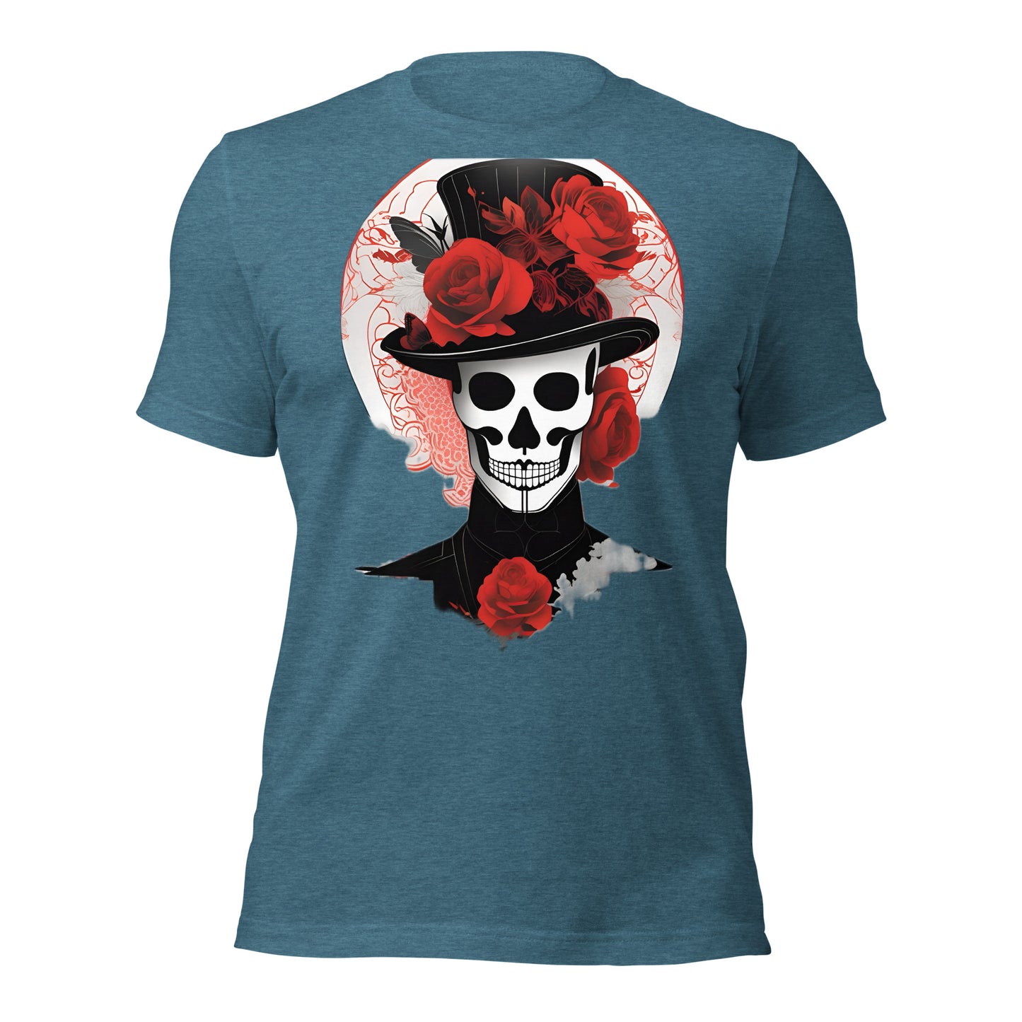 Voodoo Skull with Top Hat & Roses design by Mimetic. Premium Unisex t-shirt