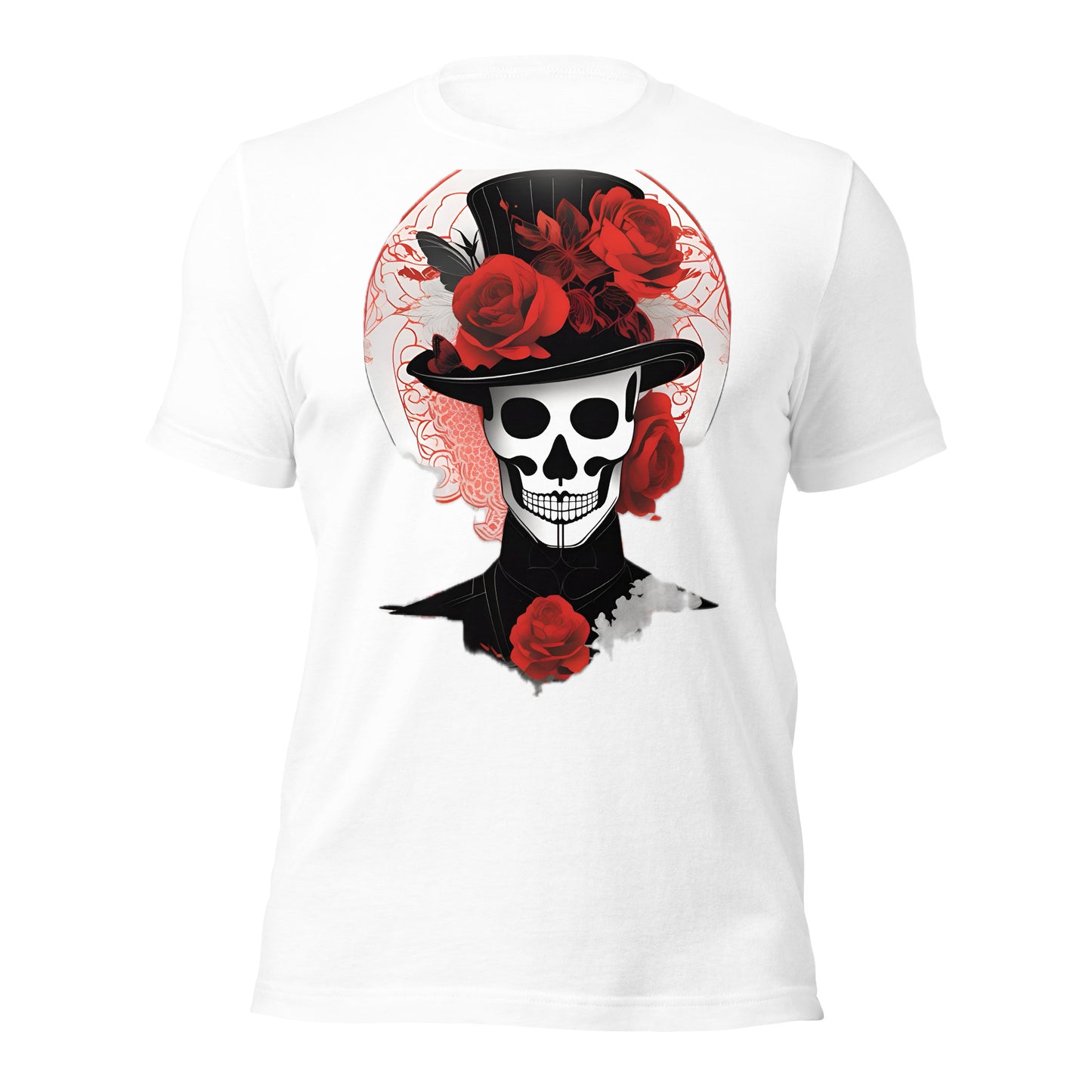 Voodoo Skull with Top Hat & Roses design by Mimetic. Premium Unisex t-shirt