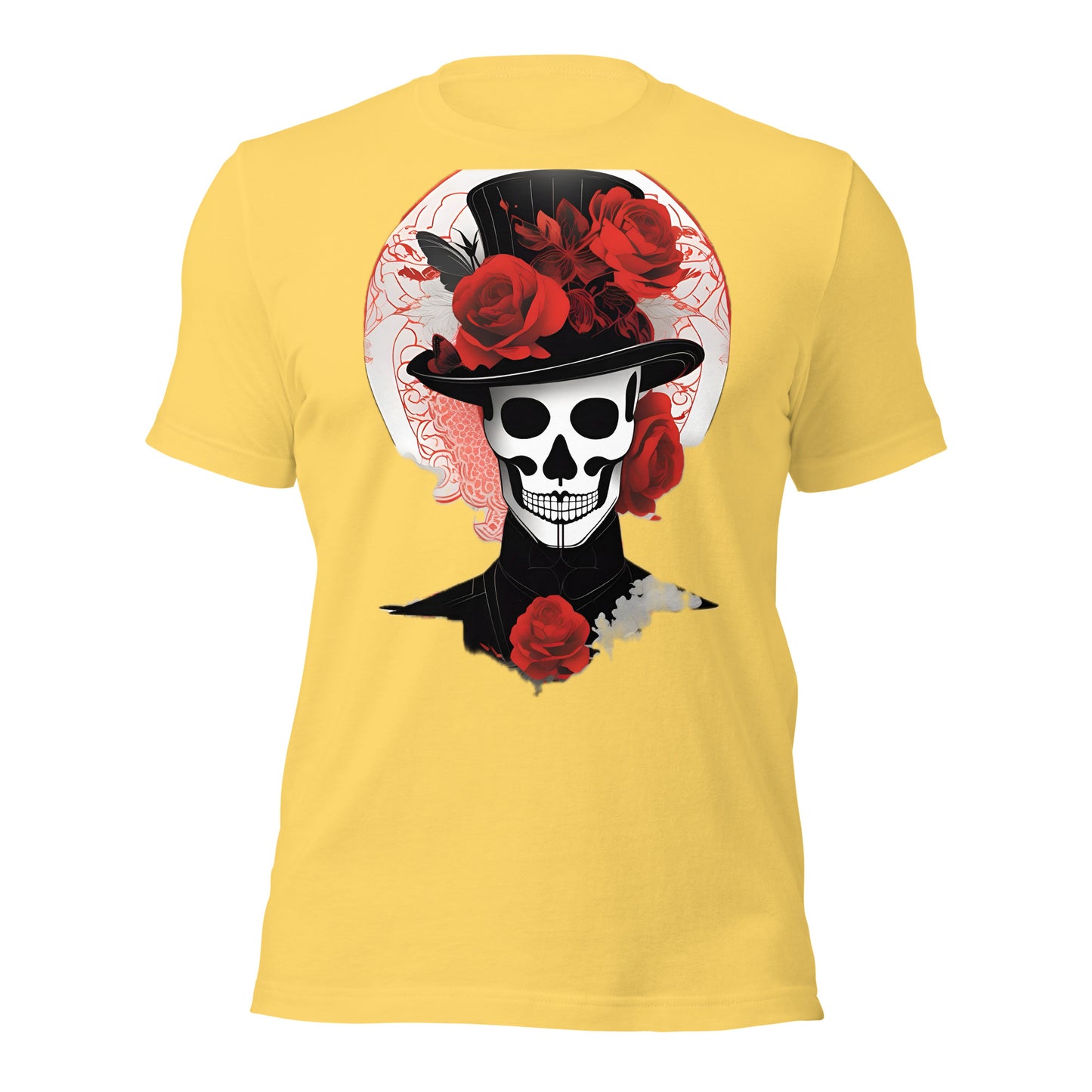 Voodoo Skull with Top Hat & Roses design by Mimetic. Premium Unisex t-shirt